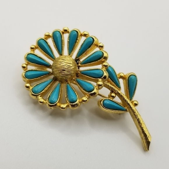 Vintage BSK Turquoise Gold Tone Flower Daisy Costume Jewelry Pin Brooch Signed - Picture 10 of 10